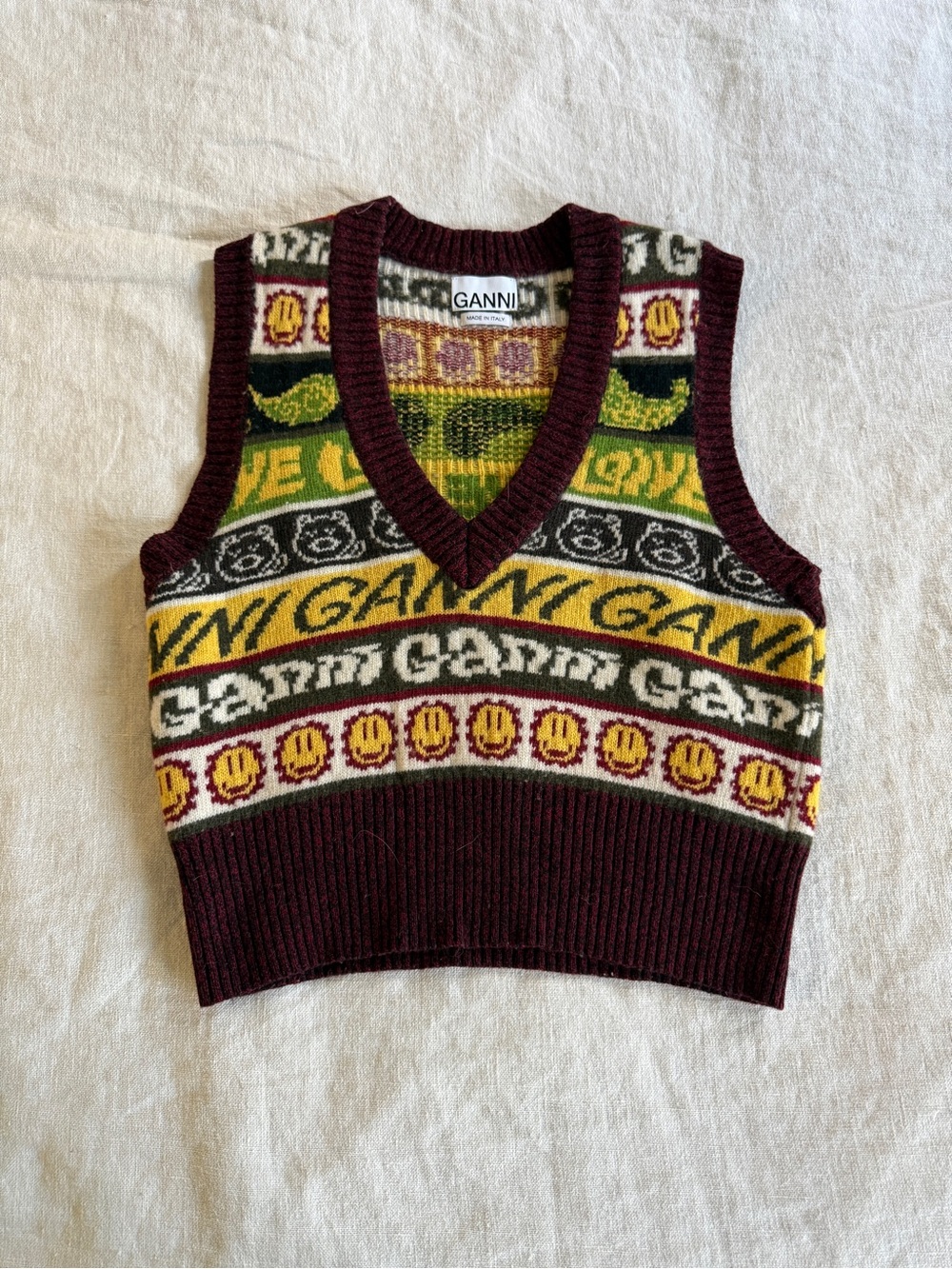 Ganni Burgundy Multicolor Smiley Knit V-Neck Vest